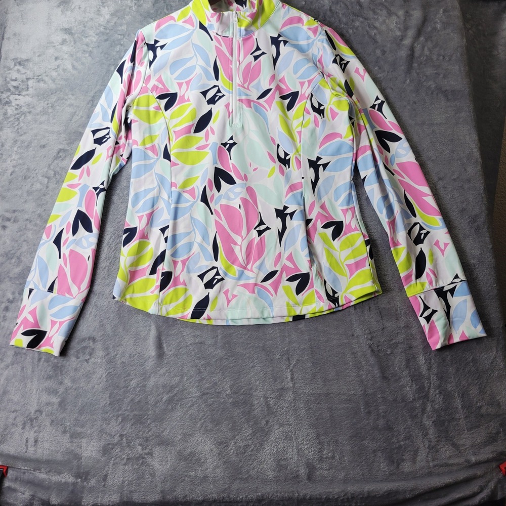 Tommy Bahama Golf Womens Large Pink Lime Floral Quarter Zip Pullover Thumbhole